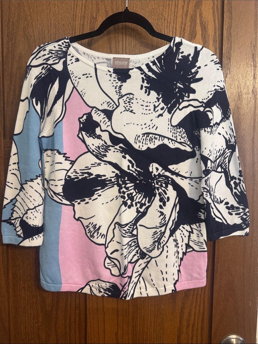 Chico's Navy, Pink & Light Blue Floral Crewneck Tunic